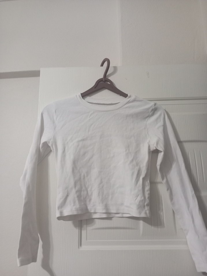 Beyaz V Yaka Uzun Kollu Crop Top - Görsel 2