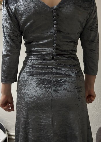 Gri Kadife Midi Kollu Midi Elbise - Görsel 2