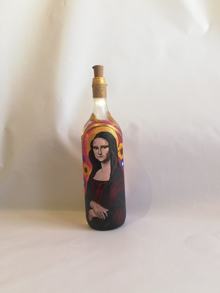 Mona Lisa El Boyaması Mona Lisa Desenli ışıklı şişe - Görsel 4