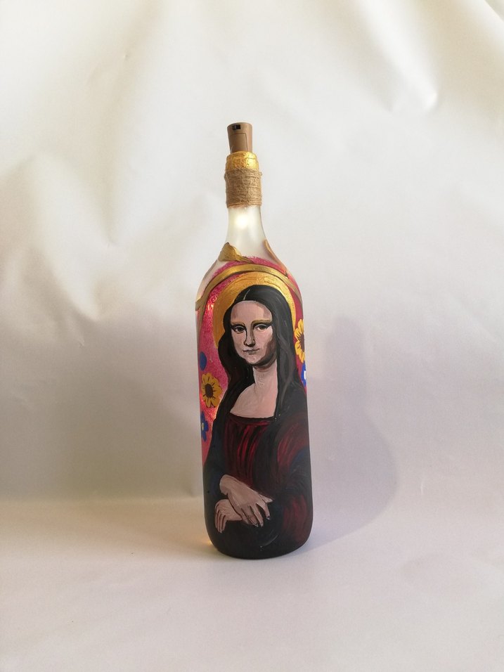 Mona Lisa El Boyaması Mona Lisa Desenli ışıklı şişe - Görsel 2