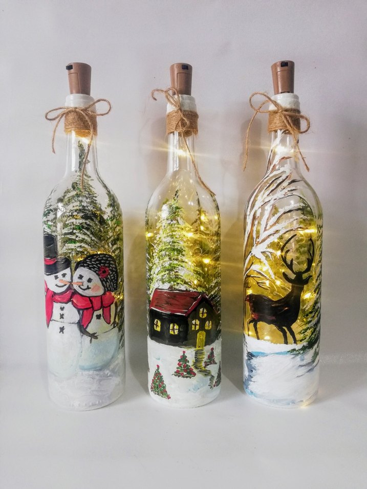 Yeni yıl temalı el boyama ışıklı şişe - Görsel 4