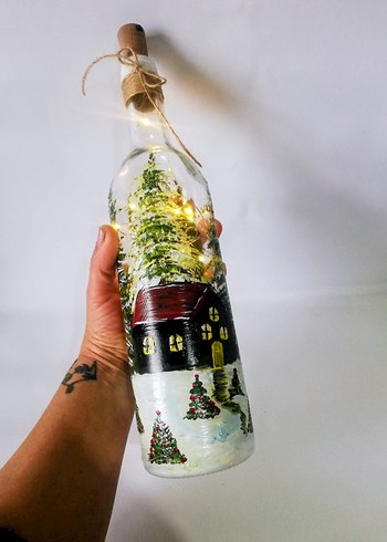 Yeni yıl kış temalı el boyama Işıklı şişe - Görsel 2