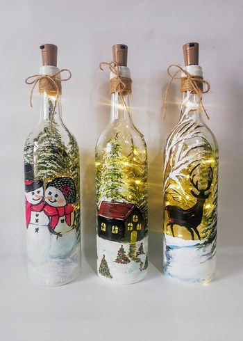 Yeni yıl kış temalı el boyama Işıklı şişe - Görsel 4