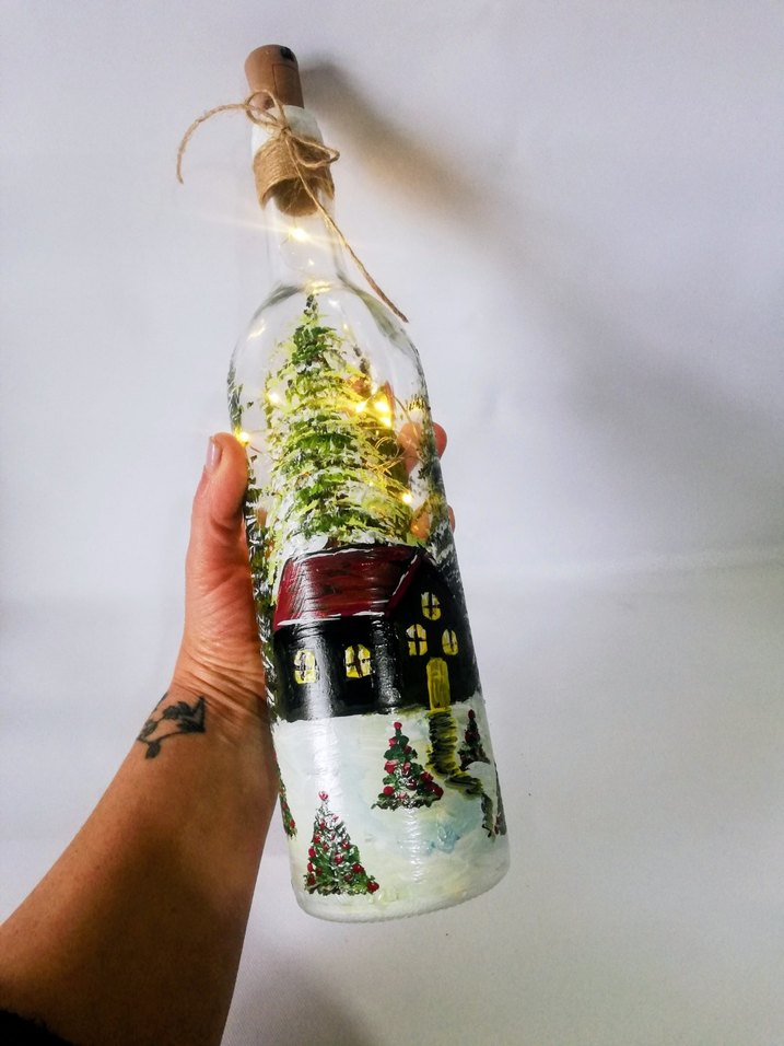 Yeni yıl kış temalı el boyama Işıklı şişe - Görsel 2