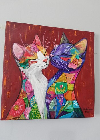Beden çeşitli Renk Renkli İki Kedi Tablosu