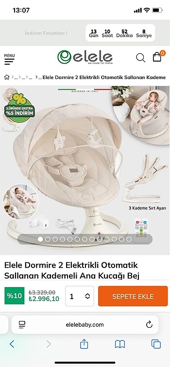 Diğer Elele Dormire 2 Elektrikli Otomatik Sallanan Kademeli Ana Kucağı