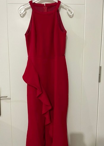 Zara Parlak Kırmızı Uzun Kollu Fırfırlı Abiye Elbise