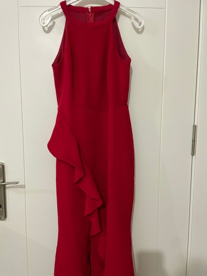 Parlak Kırmızı Uzun Kollu Fırfırlı Abiye Elbise - Görsel 3