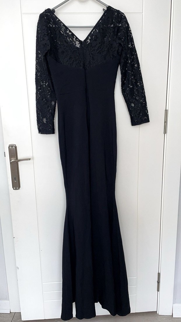 Dantel Detaylı Siyah Uzun Abiye Elbise - Görsel 2