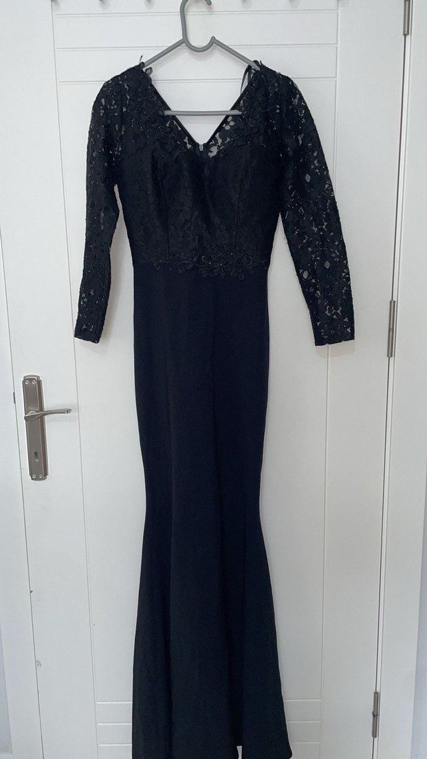 Dantel Detaylı Siyah Uzun Abiye Elbise - Görsel 3