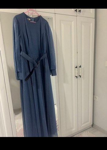 Mavi Parlak Uzun Kadın Abiye Elbise - Görsel 5