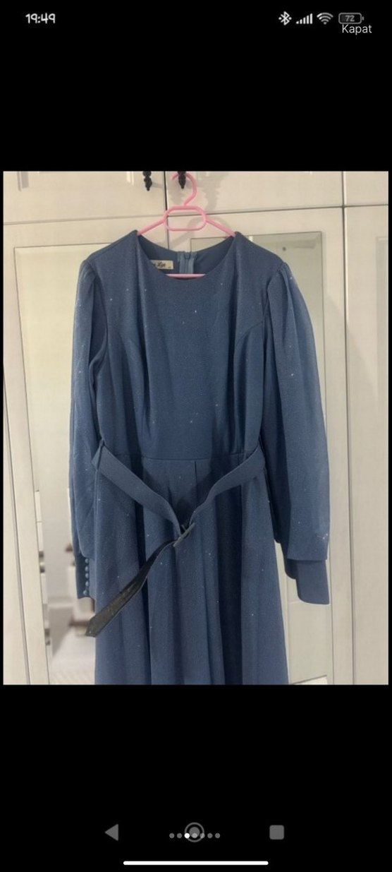 Mavi Parlak Uzun Kadın Abiye Elbise - Görsel 4