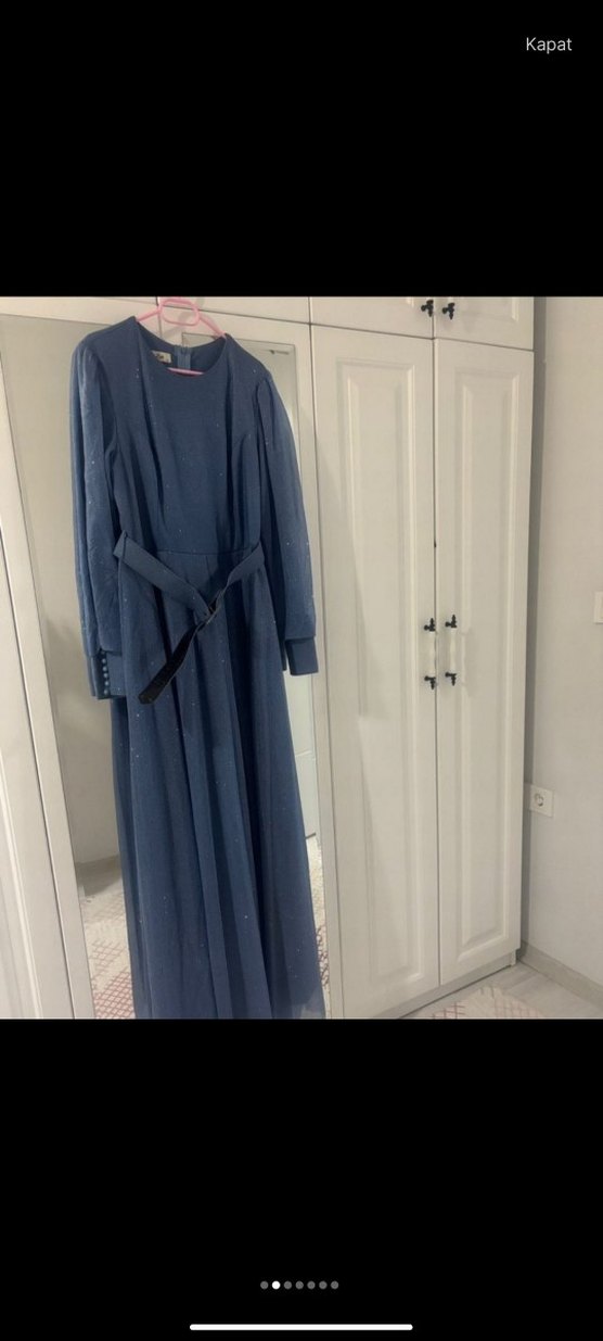 Mavi Parlak Uzun Kadın Abiye Elbise - Görsel 5