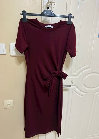 Bordo Kemerli Midi Elbise