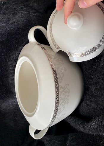 Kütahya porselen Gri Nakışlı Beyaz Modern Klasik Çorba tenceresi - Görsel 3