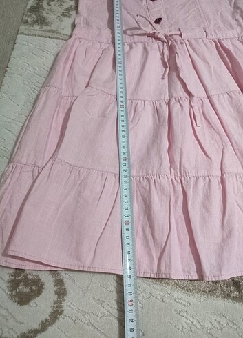 13-14 Yaş Beden pembe Renk Kız Çocuk Pembe Keten Elbise 
