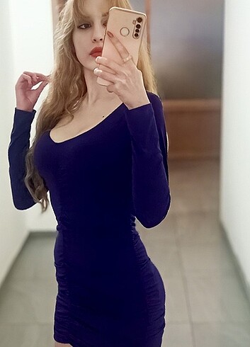 s Beden mor Renk Mor uzun kollu mini elbise vücuda oturan 