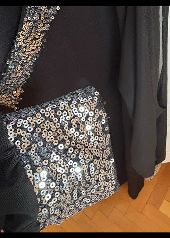 Siyah Payetli V Yakalı Uzun Kollu Elbise - Görsel 4