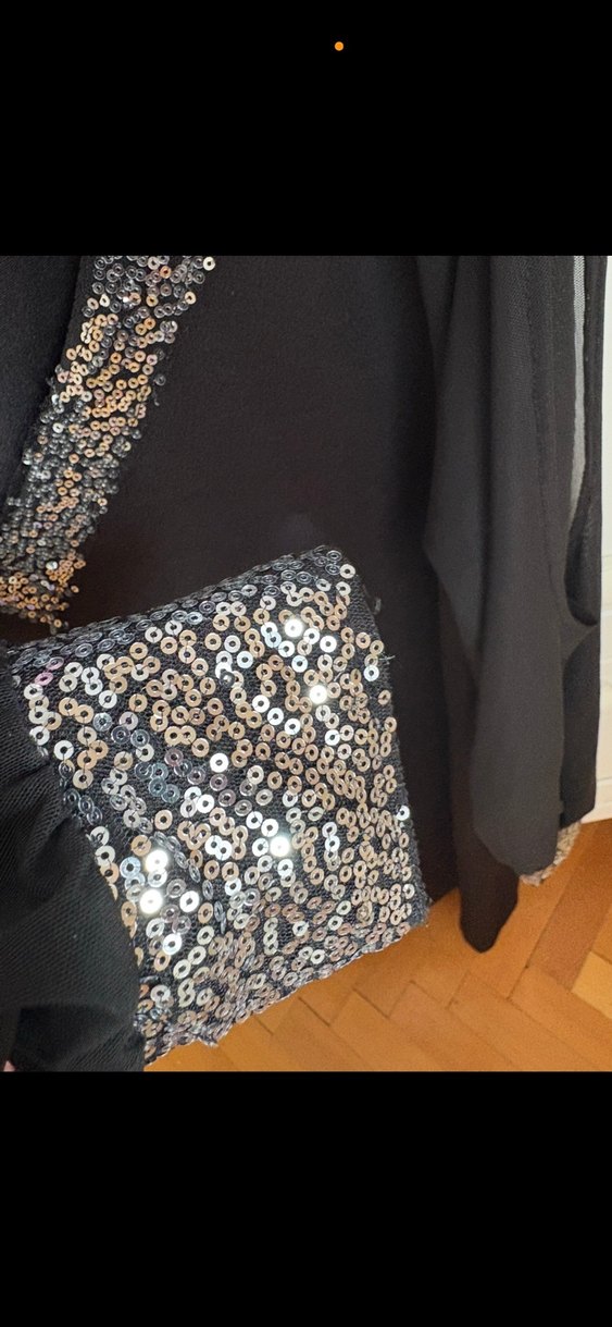 Siyah Payetli V Yakalı Uzun Kollu Elbise - Görsel 4