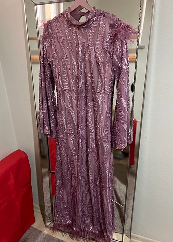 Mor Uzun Kollu Kürklü İşlemeli Abiye Elbise - Görsel 6