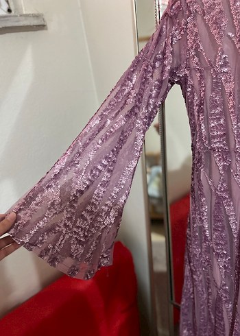 Mor Uzun Kollu Kürklü İşlemeli Abiye Elbise - Görsel 2