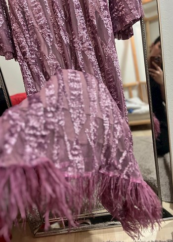 Mor Uzun Kollu Kürklü İşlemeli Abiye Elbise - Görsel 4