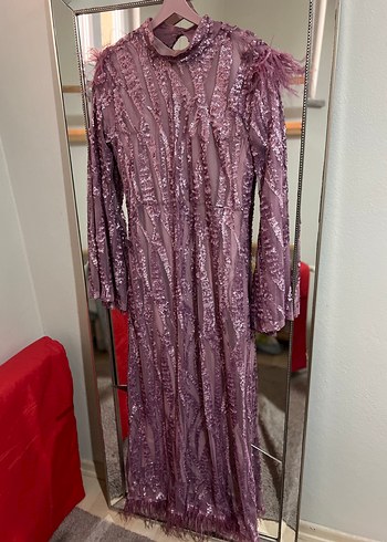 Mor Uzun Kollu Kürklü İşlemeli Abiye Elbise - Görsel 5