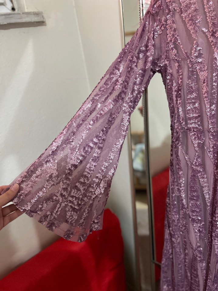 Mor Uzun Kollu Kürklü İşlemeli Abiye Elbise - Görsel 2