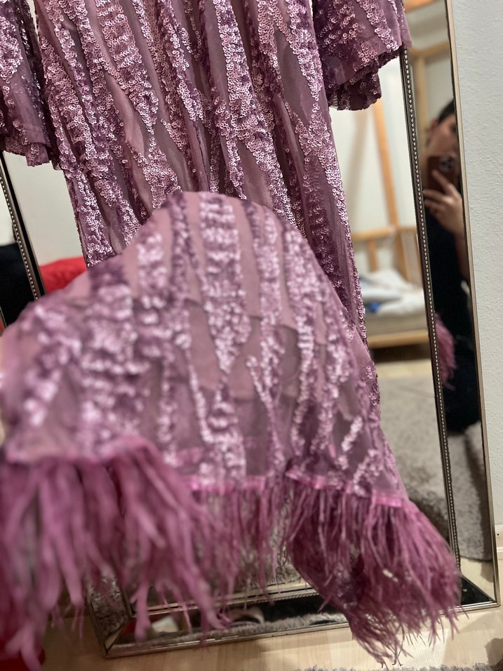 Mor Uzun Kollu Kürklü İşlemeli Abiye Elbise - Görsel 4