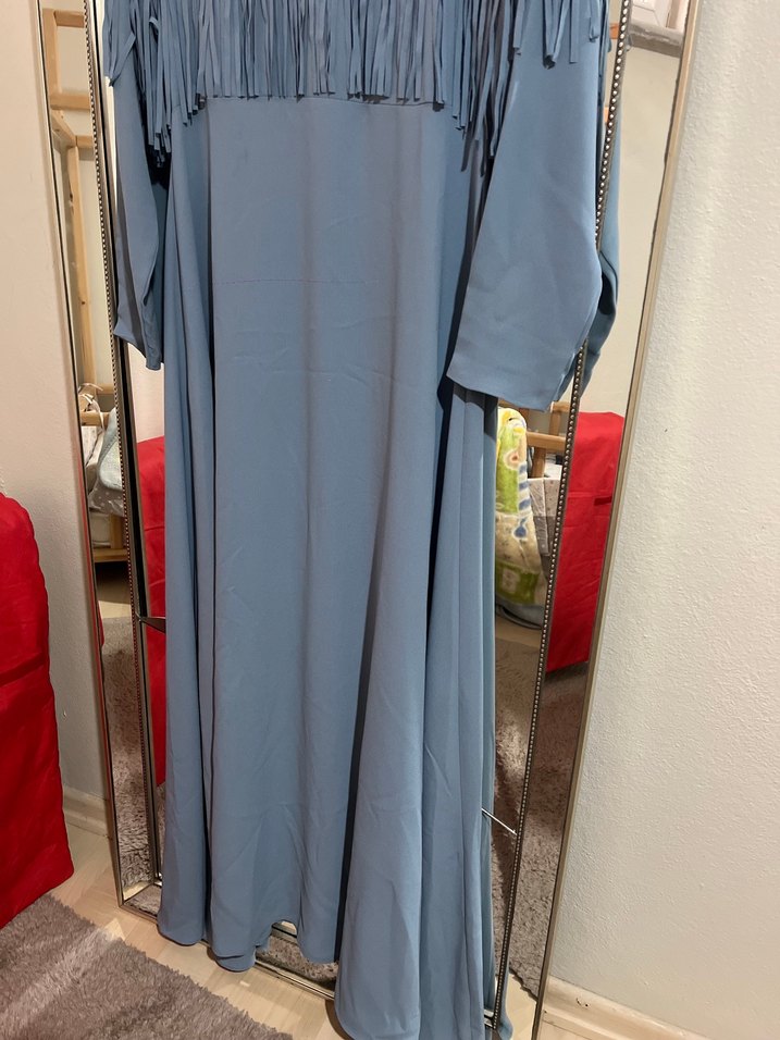 Uzun Kol mavi Bohem Nakışlı Elbise - Görsel 2