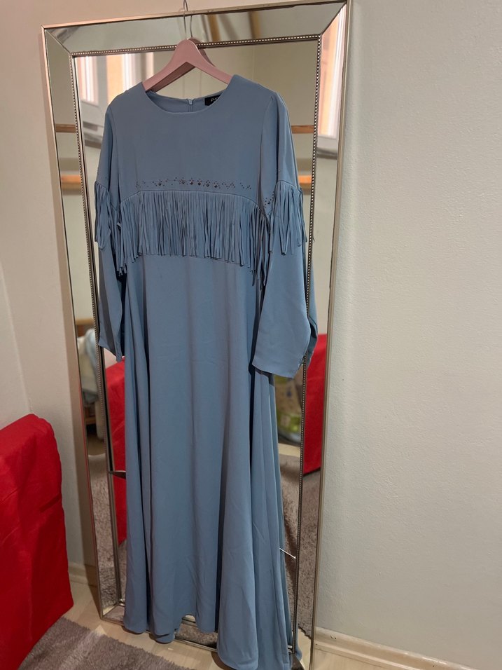 Uzun Kol mavi Bohem Nakışlı Elbise - Görsel 3