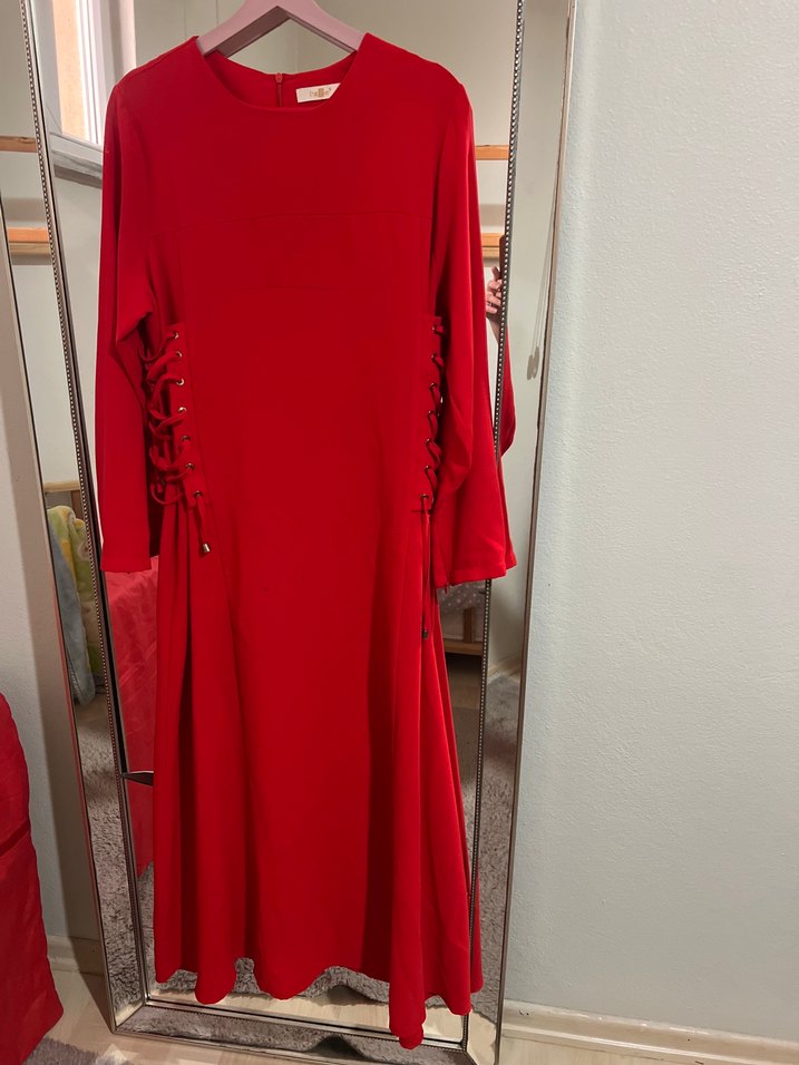 Kırmızı Uzun Kollu  Elbise - Görsel 2