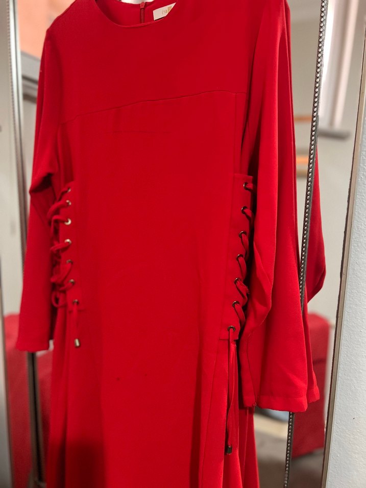 Kırmızı Uzun Kollu  Elbise - Görsel 3