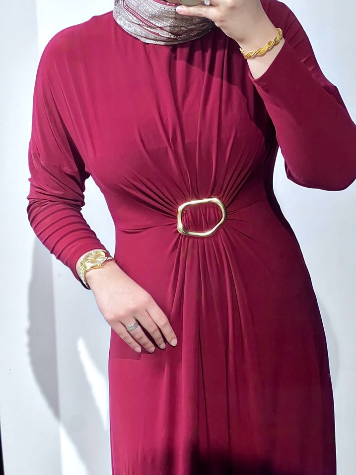 Bordo Drapeli Uzun Abiye Elbise - Görsel 2