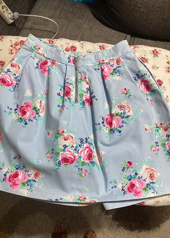 Mavi Çiçekli Vintage Mini Etek - Görsel 2