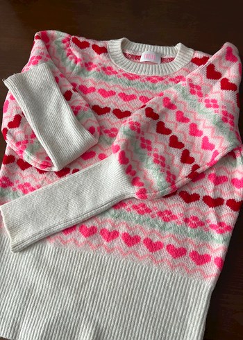 Kadın Çok Renkli Kalp Desenli Triko Kazak - Görsel 2