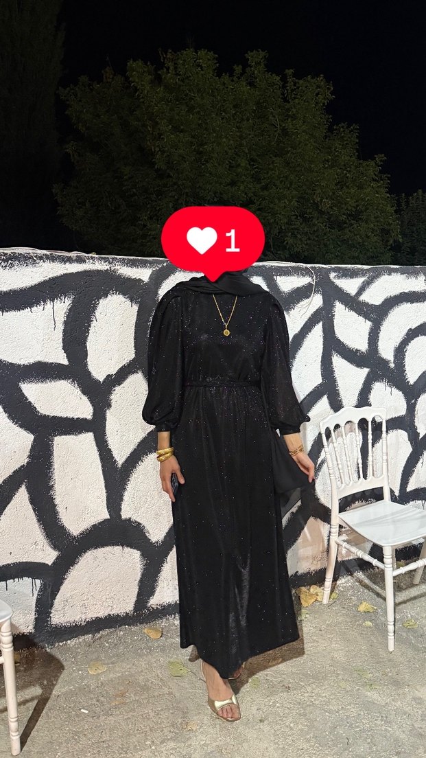 Drapeli Siyah Uzun Simli Elbise - Görsel 2