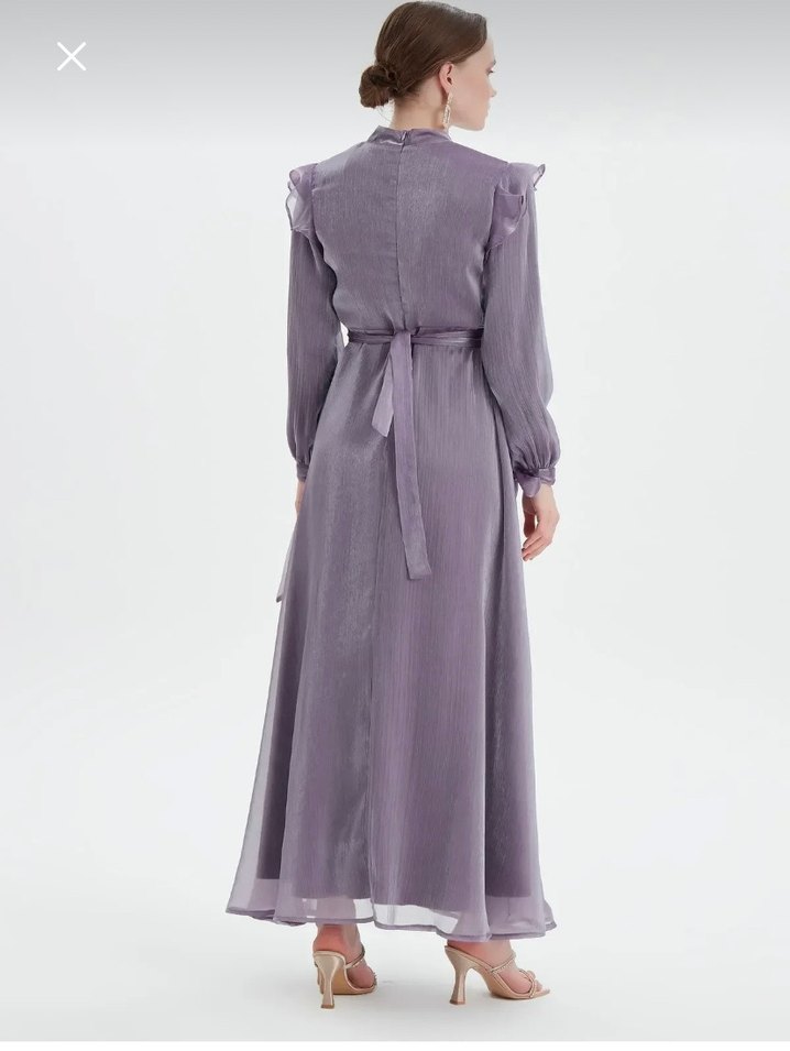 Uzun Kollu Mor Drapeli Uzun Abiye Elbise - Görsel 3