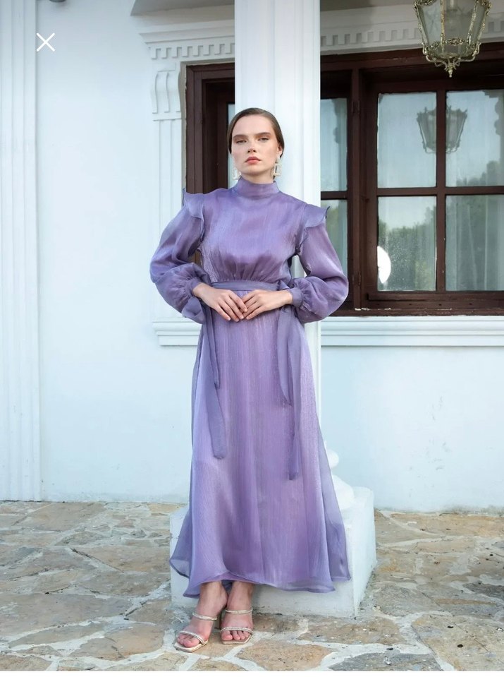 Uzun Kollu Mor Drapeli Uzun Abiye Elbise - Görsel 2