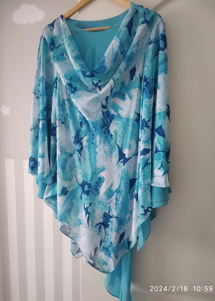 Abiye şifon turkuaz,52 beden. - Görsel 3