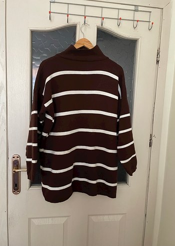 Boğazlı Çizgili Kahverengi Örgü Kazak - Görsel 6