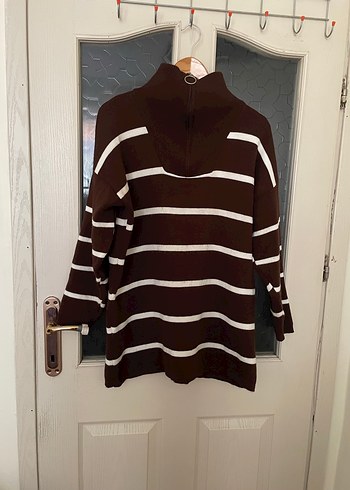 Boğazlı Çizgili Kahverengi Örgü Kazak - Görsel 3