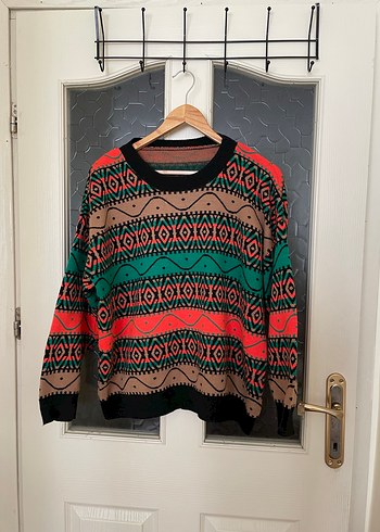 Bohem Çok Renkli Örgü Desenli Kadın Kazak - Görsel 2