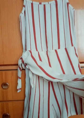 Çizgili Bej Kısa Kadın Tulum - Görsel 3