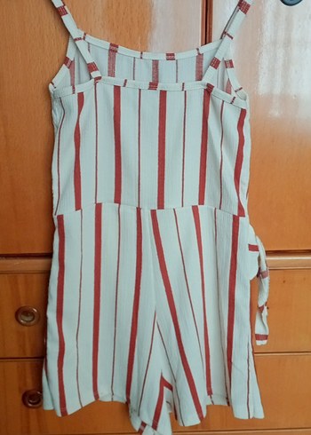 Çizgili Bej Kısa Kadın Tulum - Görsel 2