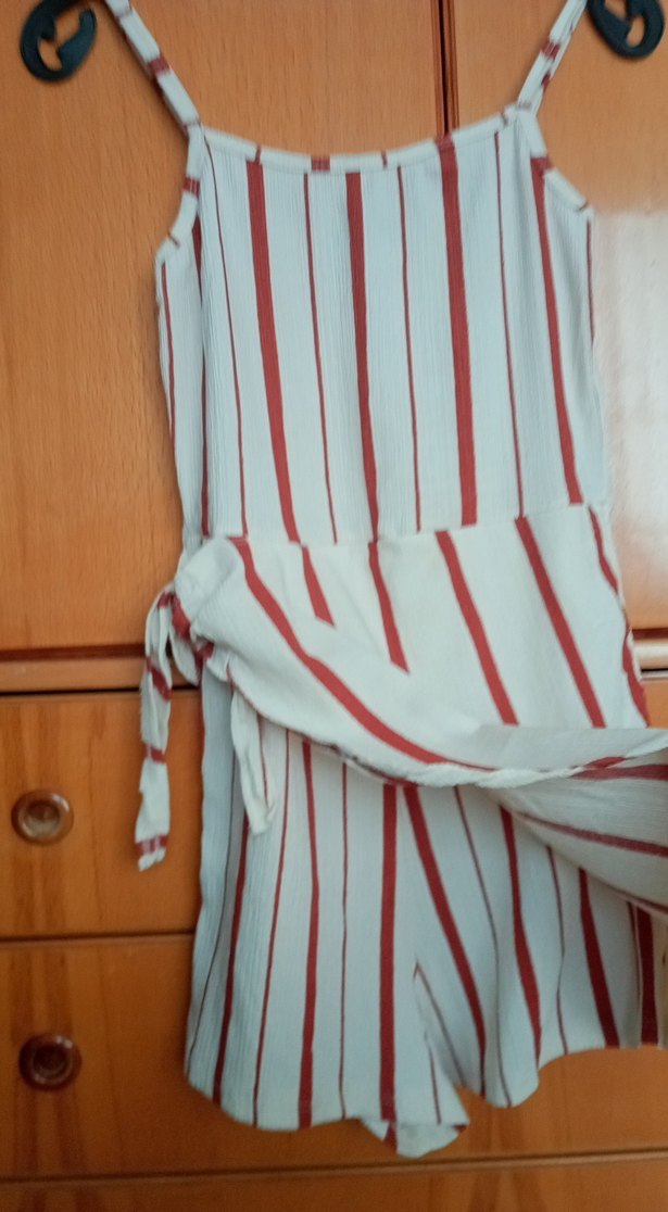 Çizgili Bej Kısa Kadın Tulum - Görsel 3