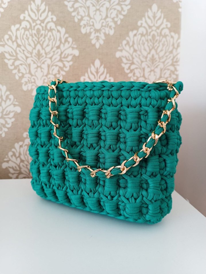 Turkuaz Zincir Detaylı Örgü Kadın Çanta - Görsel 3