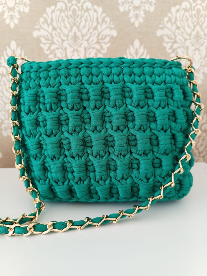 Turkuaz Zincir Detaylı Örgü Kadın Çanta - Görsel 2