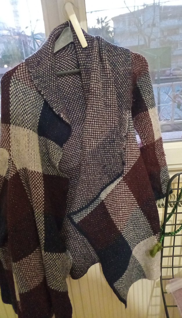 Gri Desenli Bohem Midi Triko genıs salas hırka. - Görsel 2