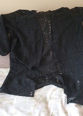 Dantel Detaylı Siyah Midi Kimono - Görsel 3